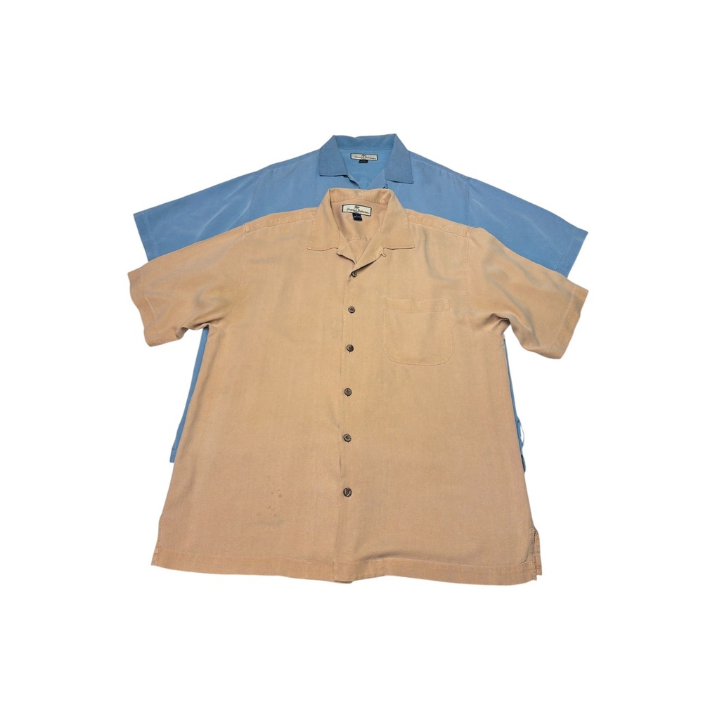 Lot of 2 Tommy Bahama Mens 100% Silk Camp Shirt Bundle Tan Blue Medium